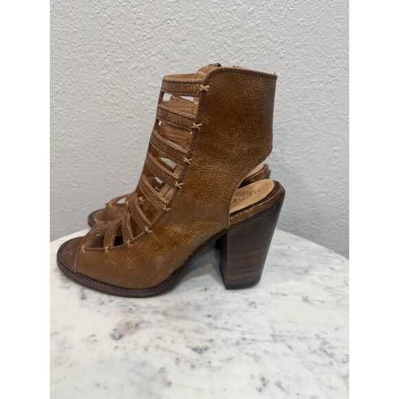 Bed|Stü Women's Gladiator Sandals Brown Leather Peep Toe Booties Zip organic - Picture 3 of 9